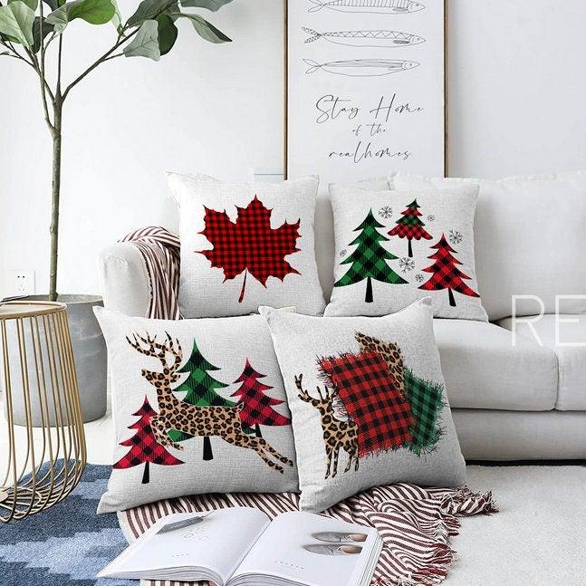 Set of 4 Christmas Pillow Coversred Green Buffalo Check Xmas Tree and  Leaves Cushioncheetah Patterned Deer Pillowxmas Throw Pillow Top 