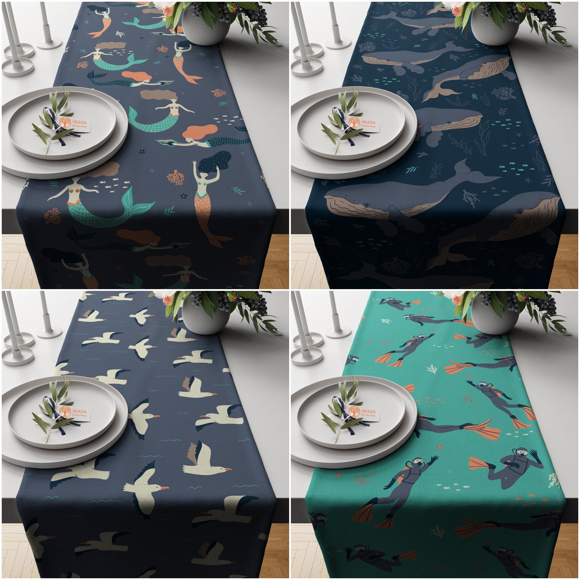 Nautical Table Runner with Mermaid Print – Akasia