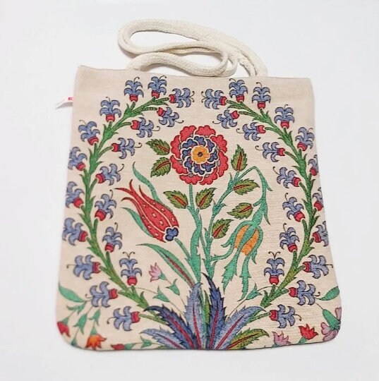 Gobelin Tapestry Shoulder Bag|Turkish Tulip Tile Pattern Bag|Gift Handbag For Women|Woven Tapestry Fabric|Belgian Tapestry Vintage Tote Bag