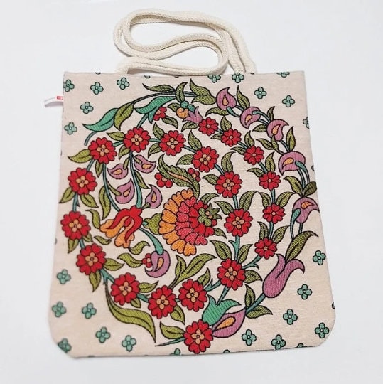 Gobelin Tapestry Shoulder Bag|Turkish Tulip Tile Pattern Bag|Gift Handbag For Women|Woven Tapestry Fabric|Belgian Tapestry Vintage Tote Bag