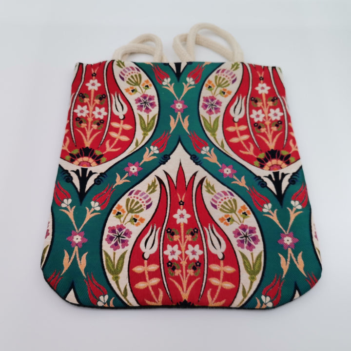 Ethnic Turkish Tulips Tote Bag|Gobelin Tapestry Shoulder Bag|Tile Pattern Gift Handbag For Women|Woven Tapestry Fabric|Vintage Bohemian Bag