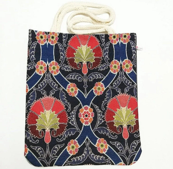 Ethnic Turkish Tulips Tote Bag|Gobelin Tapestry Shoulder Bag|Tile Pattern Gift Handbag For Women|Woven Tapestry Fabric|Vintage Bohemian Bag