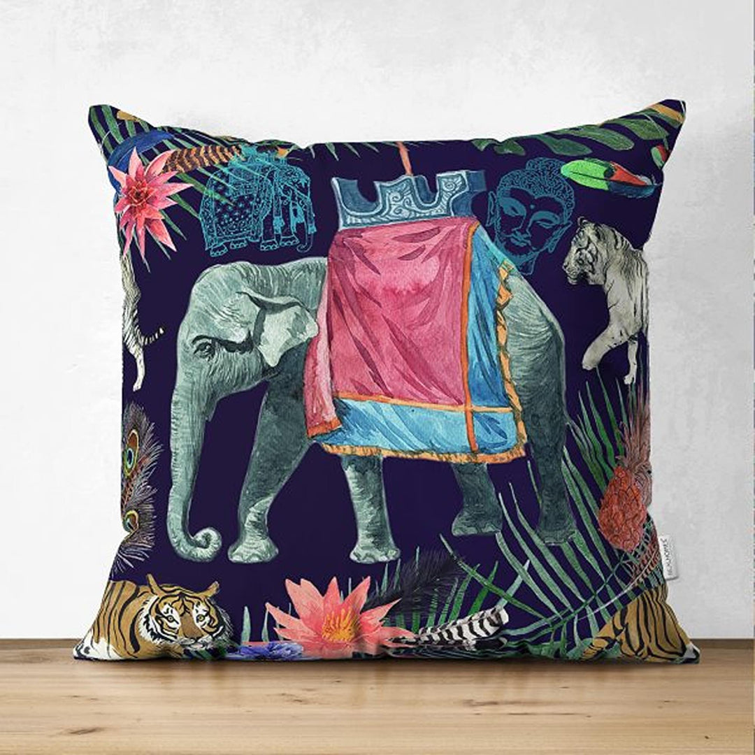 Tropical Jungle Pillow Cover|Colorful Leaves and Animals Cushion Case|Floral Wild Animals Pillowtop|Decorative Pillowcase|Summer Trend Decor