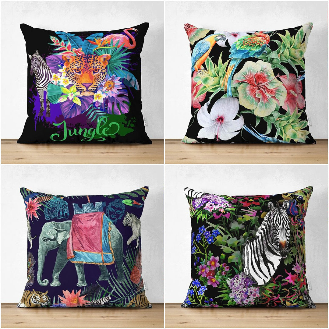 Tropical Jungle Pillow Cover|Colorful Leaves and Animals Cushion Case|Floral Wild Animals Pillowtop|Decorative Pillowcase|Summer Trend Decor