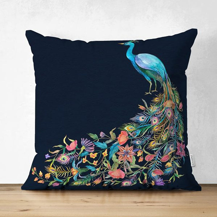 Peacock Pillow Case|Decorative Cushion Cover|Animal Print Home Decor|Housewarming Turquoise Black Cushion Case|Floral Peacock Throw Pillow