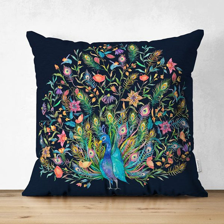 Peacock Pillow Case|Decorative Cushion Cover|Animal Print Home Decor|Housewarming Turquoise Black Cushion Case|Floral Peacock Throw Pillow