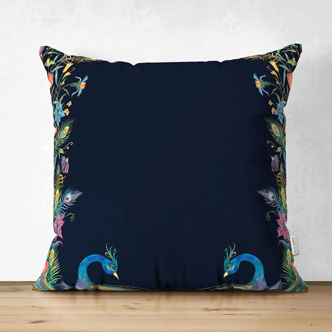 Peacock Pillow Case|Decorative Cushion Cover|Animal Print Home Decor|Housewarming Turquoise Black Cushion Case|Floral Peacock Throw Pillow