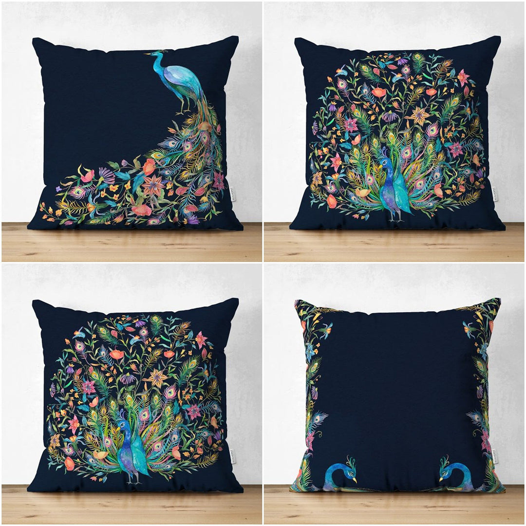 Peacock Pillow Case|Decorative Cushion Cover|Animal Print Home Decor|Housewarming Turquoise Black Cushion Case|Floral Peacock Throw Pillow