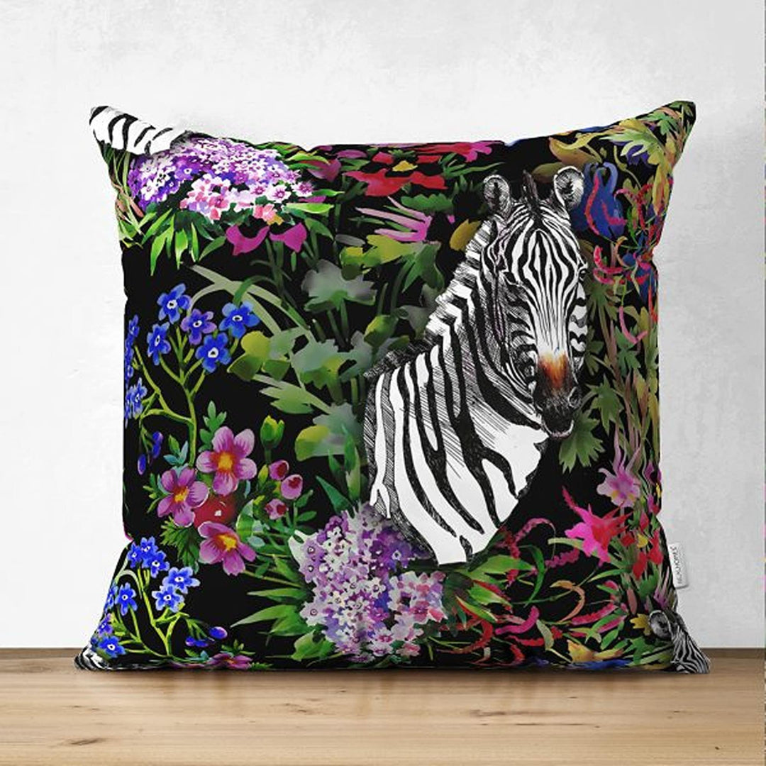 Tropical Jungle Pillow Cover|Colorful Leaves and Animals Cushion Case|Floral Wild Animals Pillowtop|Decorative Pillowcase|Summer Trend Decor