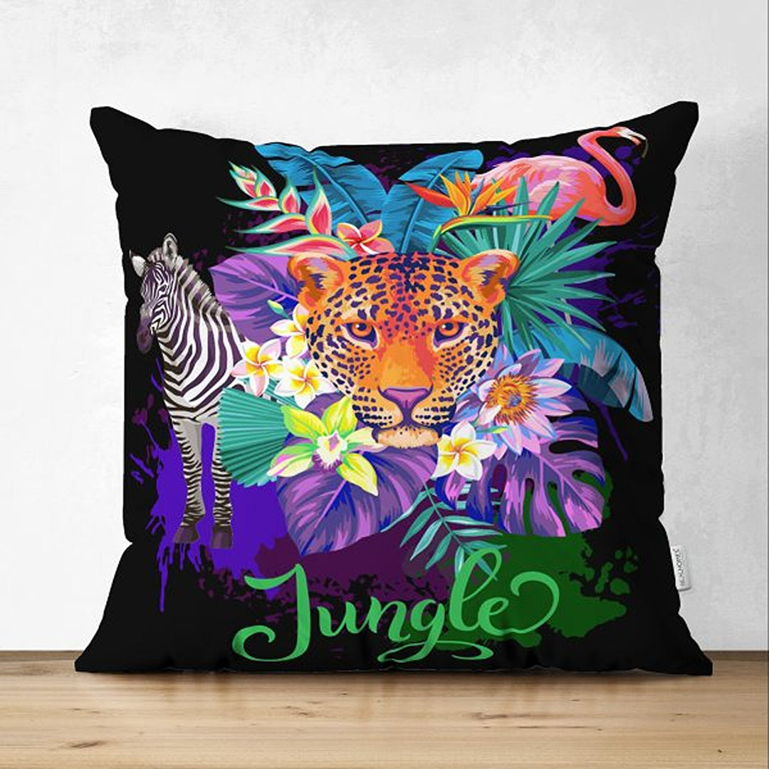 Tropical Jungle Pillow Cover|Colorful Leaves and Animals Cushion Case|Floral Wild Animals Pillowtop|Decorative Pillowcase|Summer Trend Decor