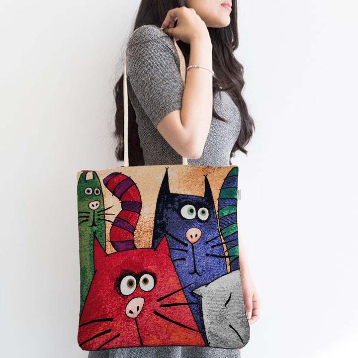 Gobelin Tapestry Shoulder Bag|Cute Cats Gift Handbag For Her|Woven Tapestry Fabric|Cat Print Tote Bag|Cat Lover Gift|Purse for Daily Use