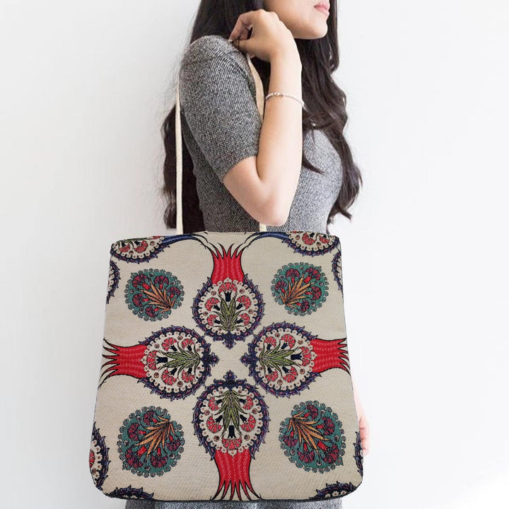 Ethnic Woven Shopping Bag|Belgian Tapestry Tote Bag|Gobelin Tapestry Shoulder Bag|Turkish Tulips Tile Pattern Bag|Gift Handbag For Women