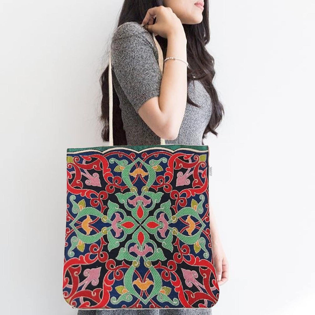 Ethnic Woven Shopping Bag|Belgian Tapestry Tote Bag|Gobelin Tapestry Shoulder Bag|Turkish Tulips Tile Pattern Bag|Gift Handbag For Women