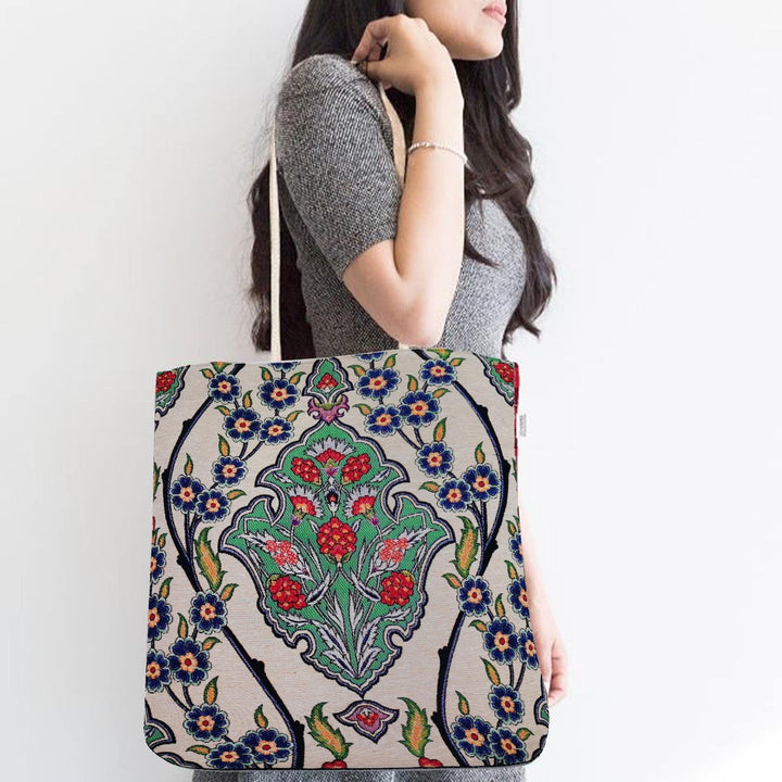 Ethnic Turkish Tulips Tote Bag|Gobelin Tapestry Shoulder Bag|Tile Pattern Gift Handbag For Women|Woven Tapestry Fabric|Vintage Bohemian Bag