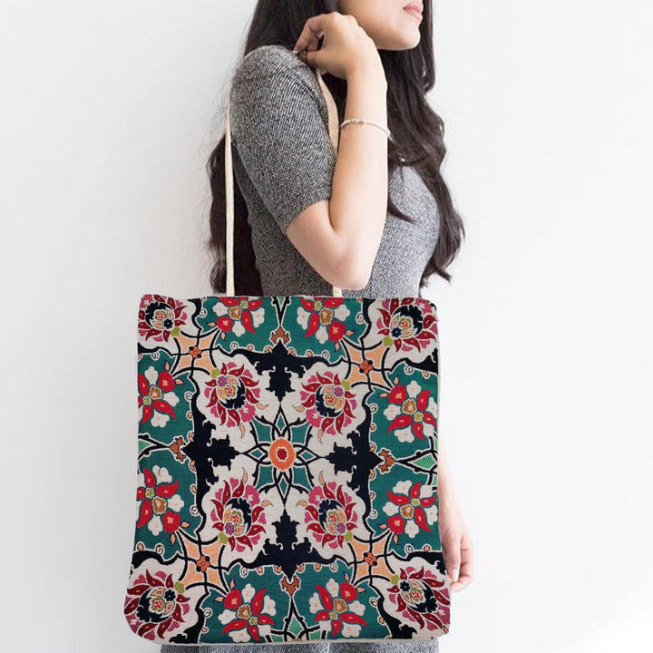 Gobelin Tapestry Shoulder Bag|Turkish Tulip Tile Pattern Bag|Gift Handbag For Women|Woven Tapestry Fabric|Belgian Tapestry Vintage Tote Bag