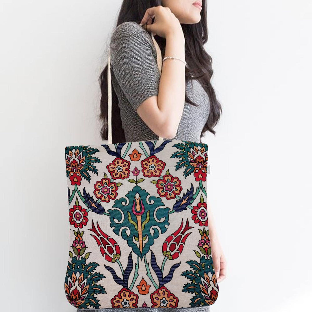 Turkish Traditional Tiles Pattern Tote Bag|Gobelin Tapestry Shoulder Bag|Belgium Tapestry Bag|Gift Handbag For Women|Southwestern Fabric