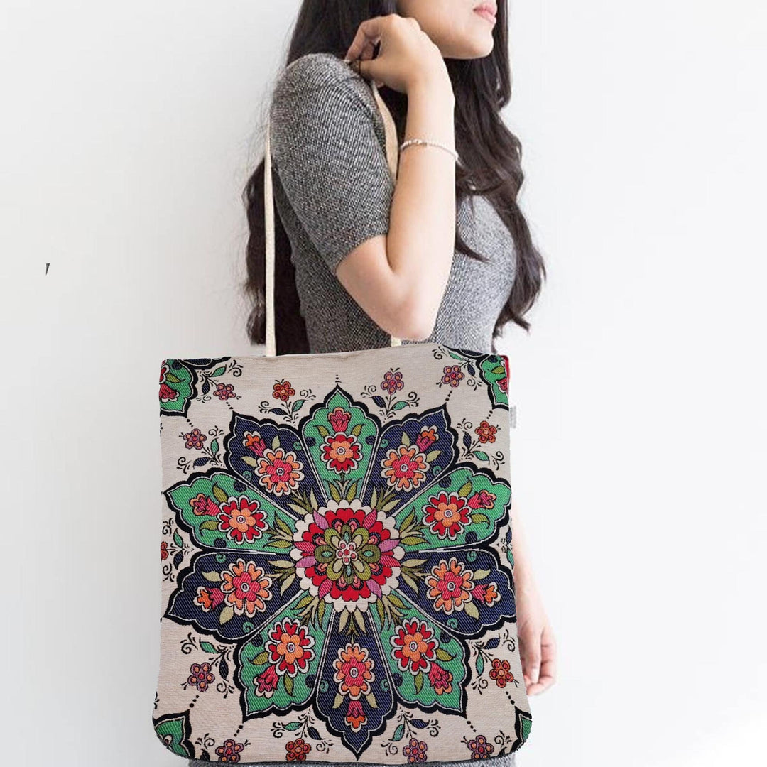 Turkish Traditional Tiles Pattern Tote Bag|Gobelin Tapestry Shoulder Bag|Belgium Tapestry Bag|Gift Handbag For Women|Southwestern Fabric