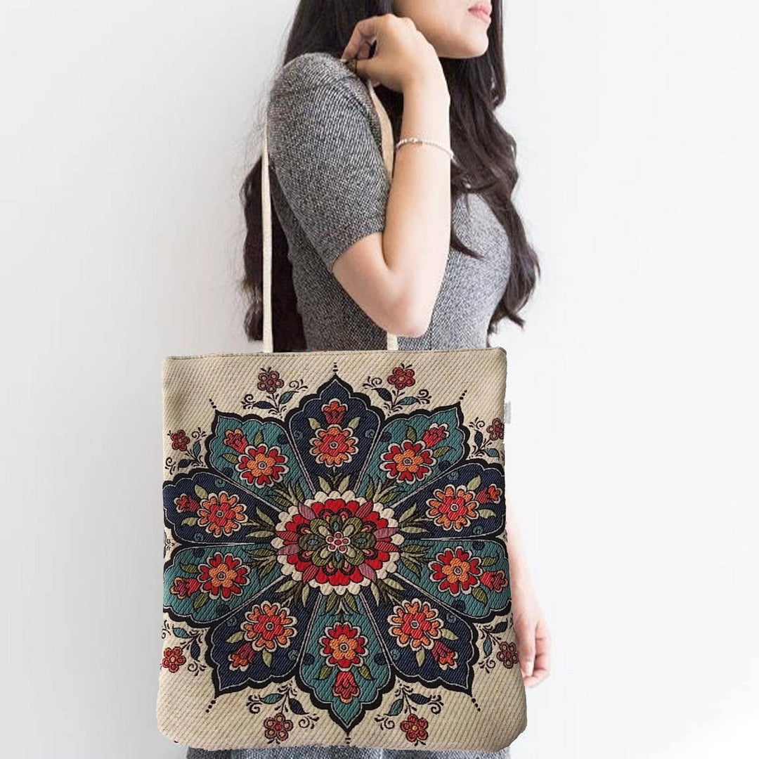 Gobelin Tapestry Shoulder Bag|Tile Pattern Gift Handbag For Women|Yin Yang Symbol Handmade Bag|Woven Tapestry Fabric|Belgian Tapestry Bag