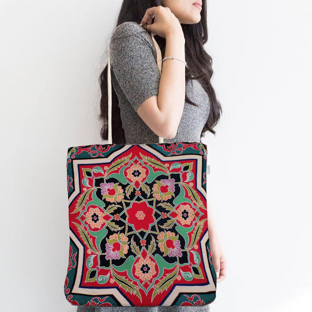 Gobelin Tapestry Shoulder Bag|Handmade Carpet Bag|Tile Pattern Gift Handbag For Women|Woven Tapestry Fabric|Belgian Tapestry Tote Bag