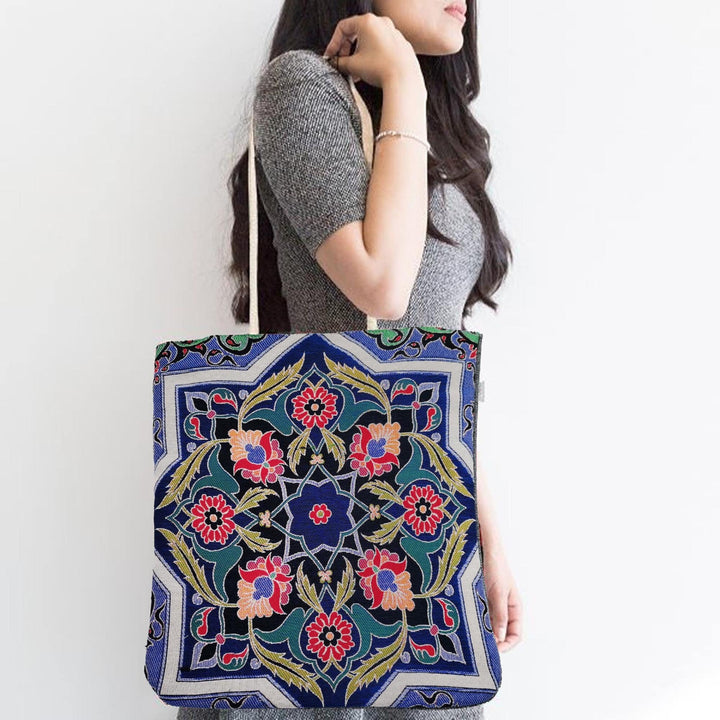 Gobelin Tapestry Shoulder Bag|Handmade Carpet Bag|Tile Pattern Gift Handbag For Women|Woven Tapestry Fabric|Belgian Tapestry Tote Bag