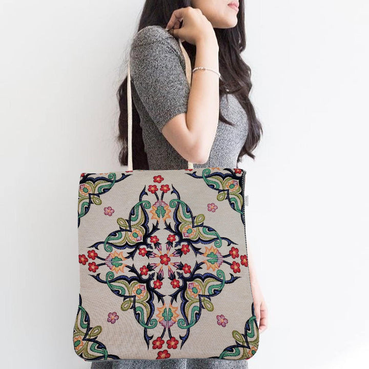 Ethnic Turkish Tulips Tote Bag|Gobelin Tapestry Shoulder Bag|Tile Pattern Gift Handbag For Women|Woven Tapestry Fabric|Vintage Bohemian Bag