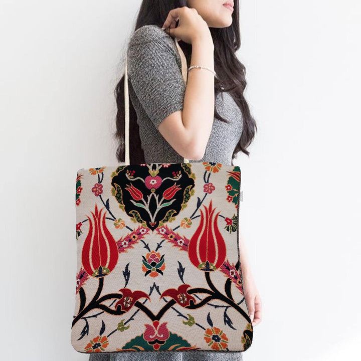 Gobelin Tapestry Shoulder Bag|Turkish Tulip Tile Pattern Handbag|Gift Handbag For Women|Woven Tapestry Fabric|Handmade Belgian Tapestry Bag