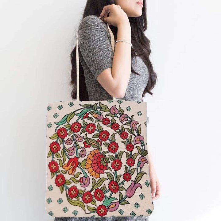 Gobelin Tapestry Shoulder Bag|Turkish Tulip Tile Pattern Bag|Gift Handbag For Women|Woven Tapestry Fabric|Belgian Tapestry Vintage Tote Bag