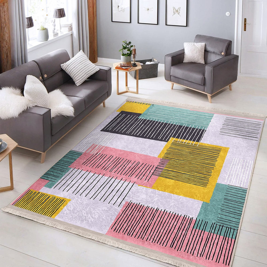 Abstract Area Rug|Bohemian Carpet|Machine-Washable Fringed Non-Slip Mat|Modern Multi-Purpose Anti-Slip Carpet|Colorful Living Room Rug