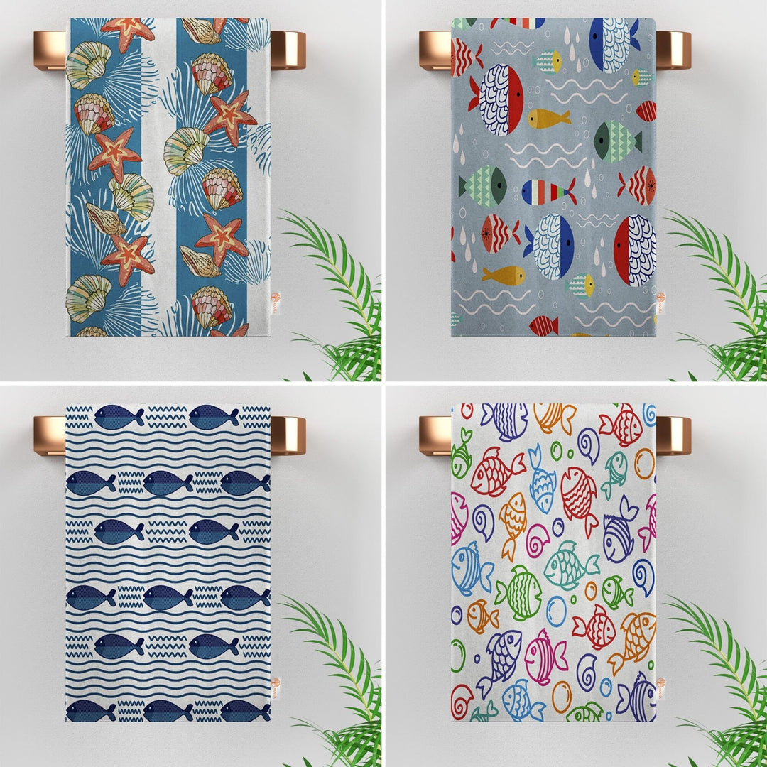 Fish Design Tea Towel|Colorful Kitchen Hand Towel|Seashell Hand Towel|Marine Dish Towel|Summer Trend Kitchen Towel for Her|Housewarming Gift