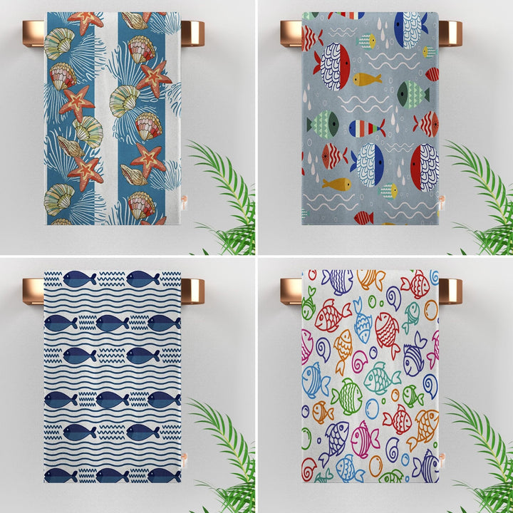 Fish Design Tea Towel|Colorful Kitchen Hand Towel|Seashell Hand Towel|Marine Dish Towel|Summer Trend Kitchen Towel for Her|Housewarming Gift