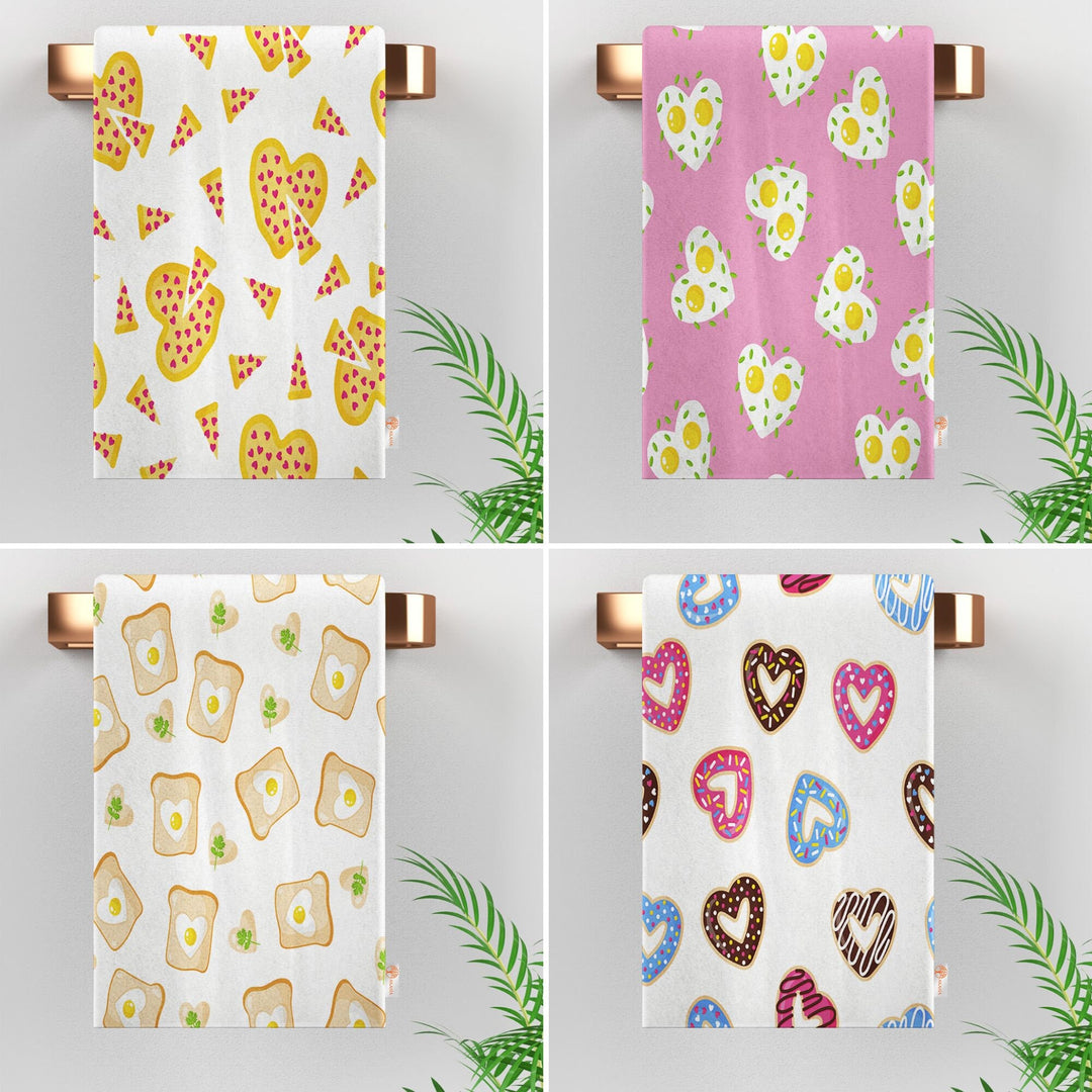 Valentine Dish Towel|Fried Egg Dish Cloth|Heart Donut Print Towel|Heart Shaped Fried Egg Print Hand Towel|All-Purpose Rag|Cost-Effective Rag