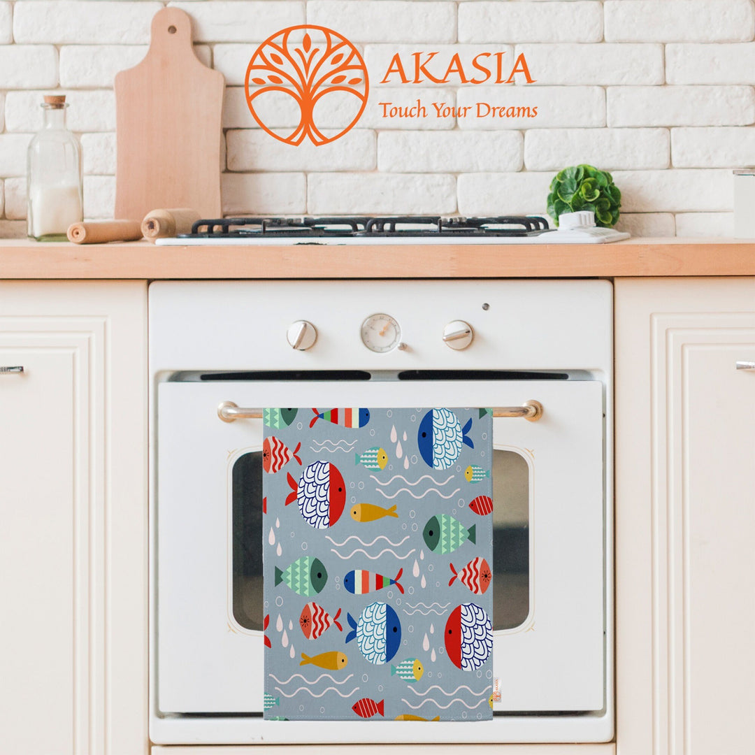 Fish Design Tea Towel|Colorful Kitchen Hand Towel|Seashell Hand Towel|Marine Dish Towel|Summer Trend Kitchen Towel for Her|Housewarming Gift