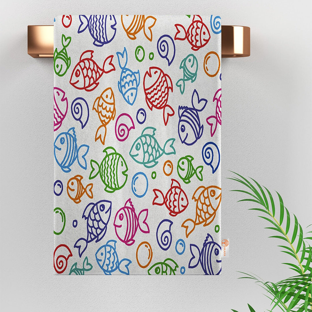 Fish Design Tea Towel|Colorful Kitchen Hand Towel|Seashell Hand Towel|Marine Dish Towel|Summer Trend Kitchen Towel for Her|Housewarming Gift