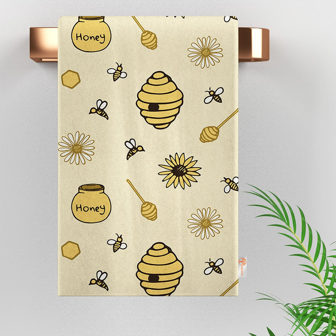 Bee Print Tea Towel|Honey Dishcloth|Beehive Print Hand Towel|Floral Dish Cloth|Eco-Friendly Rag|Soft Cleaning Towel|Kitchen Gift For Her