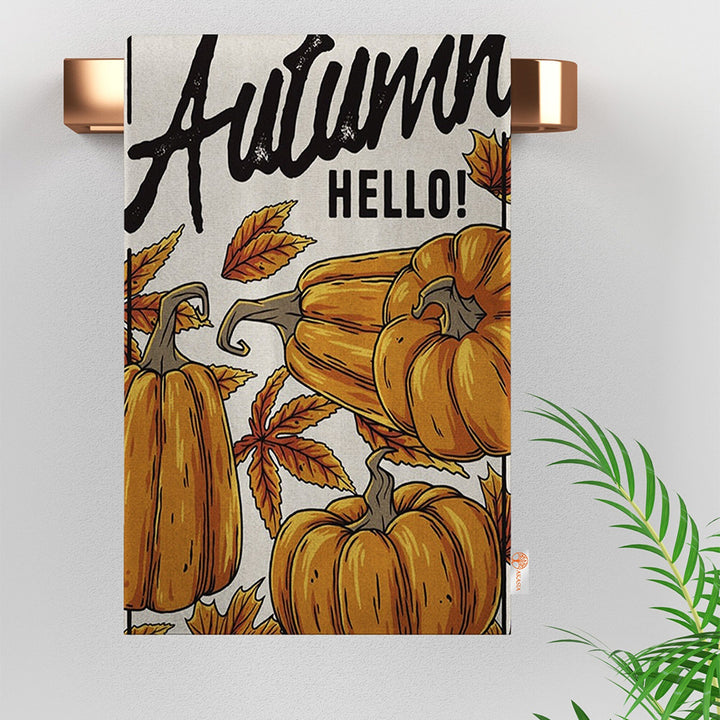 Hello Autumn Towel|Fall Trend Dishcloth|Orange Pumpkin Towel|White Pumpkin Towel|Happy Thanksgiving Print Hand Towel|Pumpkin Season Rag