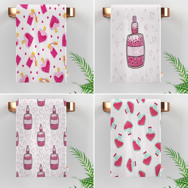 Valentine Dish Towel|Perfume Dish Cloth|Heart Print Towel|Heart Shaped Bottle Print Hand Towel|Love Themed Towel|Valentine's Day Gift