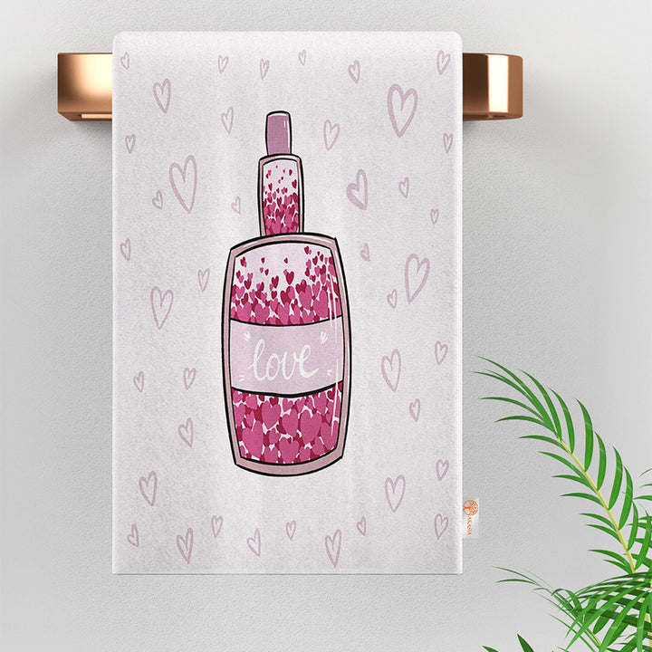 Valentine Dish Towel|Perfume Dish Cloth|Heart Print Towel|Heart Shaped Bottle Print Hand Towel|Love Themed Towel|Valentine's Day Gift