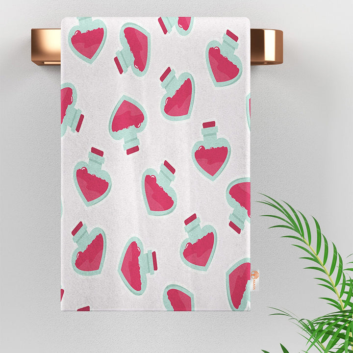 Valentine Dish Towel|Perfume Dish Cloth|Heart Print Towel|Heart Shaped Bottle Print Hand Towel|Love Themed Towel|Valentine's Day Gift