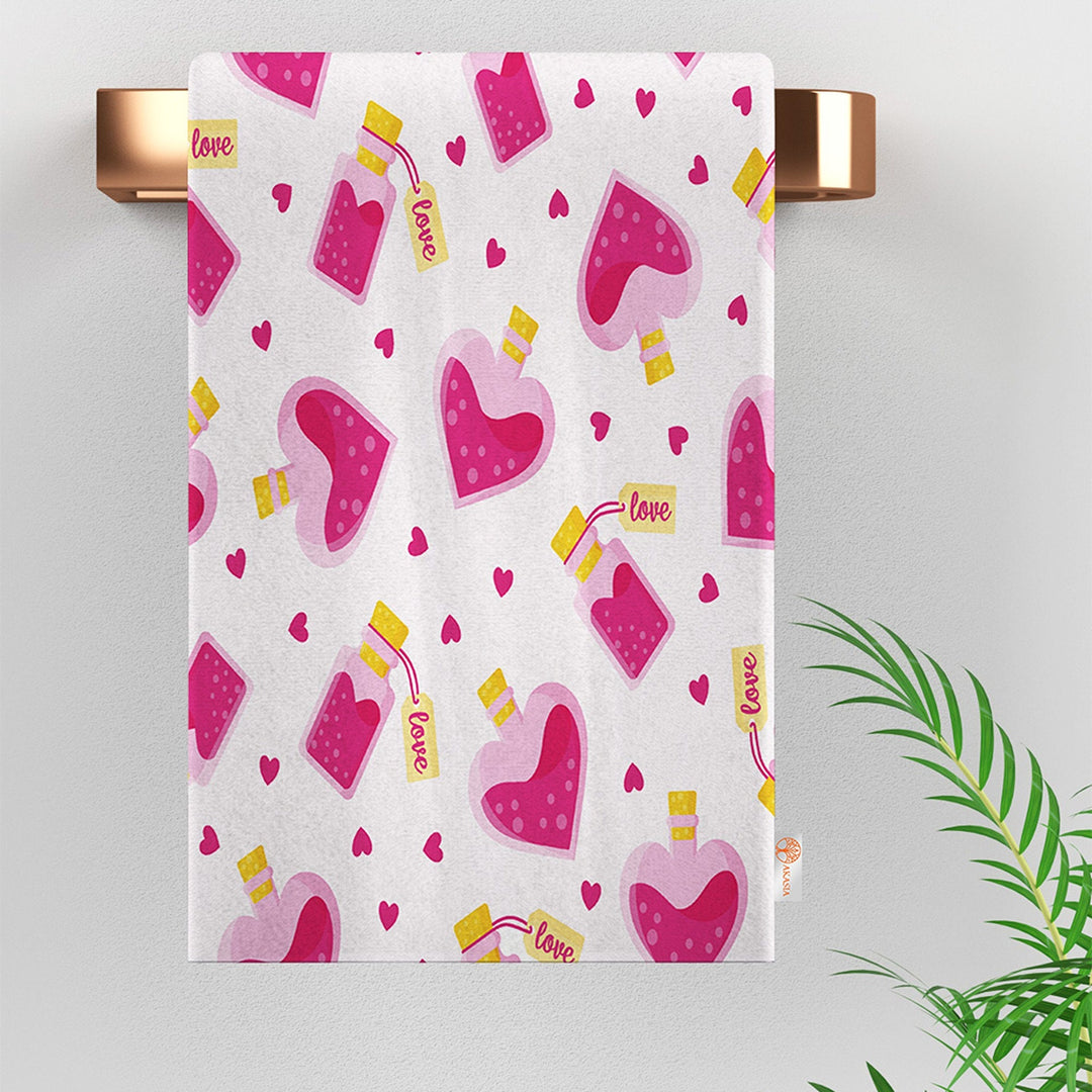 Valentine Dish Towel|Perfume Dish Cloth|Heart Print Towel|Heart Shaped Bottle Print Hand Towel|Love Themed Towel|Valentine's Day Gift