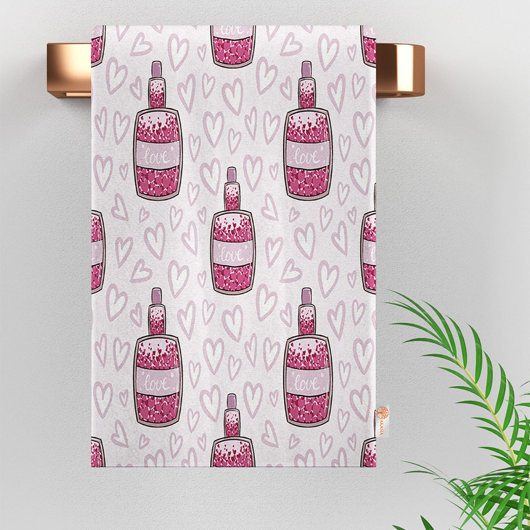 Valentine Dish Towel|Perfume Dish Cloth|Heart Print Towel|Heart Shaped Bottle Print Hand Towel|Love Themed Towel|Valentine's Day Gift