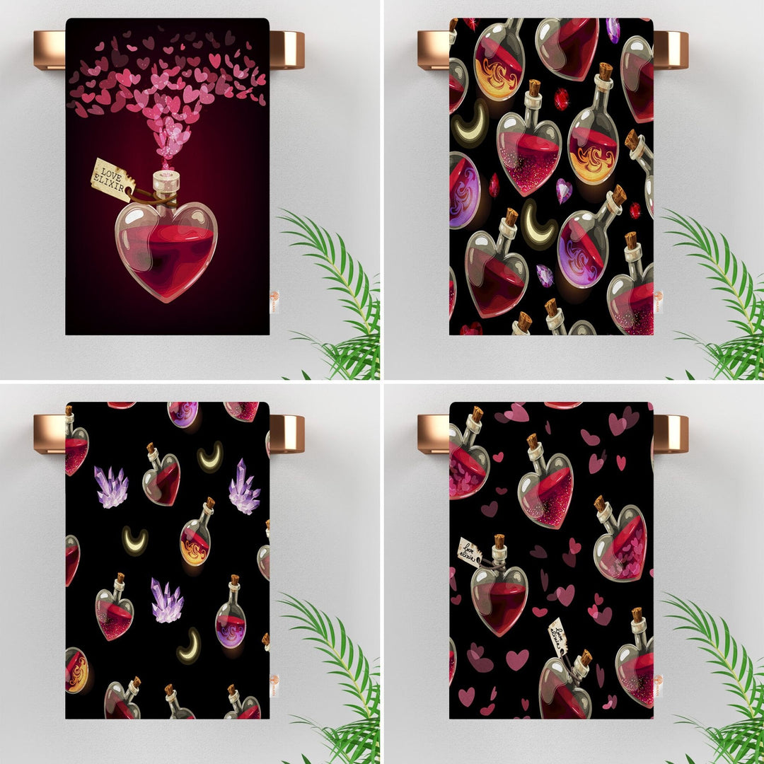 Valentine Hand Towel|Heart Shaped Bottle Print Tea Towel|Love Themed Towel|Perfume Dish Cloth|Heart Print Towel|Valentine's Day Gift