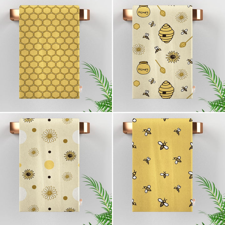 Bee Print Tea Towel|Honey Dishcloth|Beehive Print Hand Towel|Floral Dish Cloth|Eco-Friendly Rag|Soft Cleaning Towel|Kitchen Gift For Her