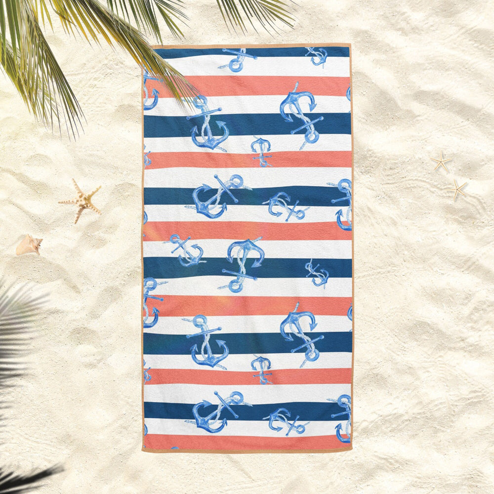 Nautical Beach Towel|Anchor Bath Towel|Coastal Pool Towel|Striped Beach Towel|Beach House Outdoor Soft Bath Towel|Summer Trend Vacation Gift