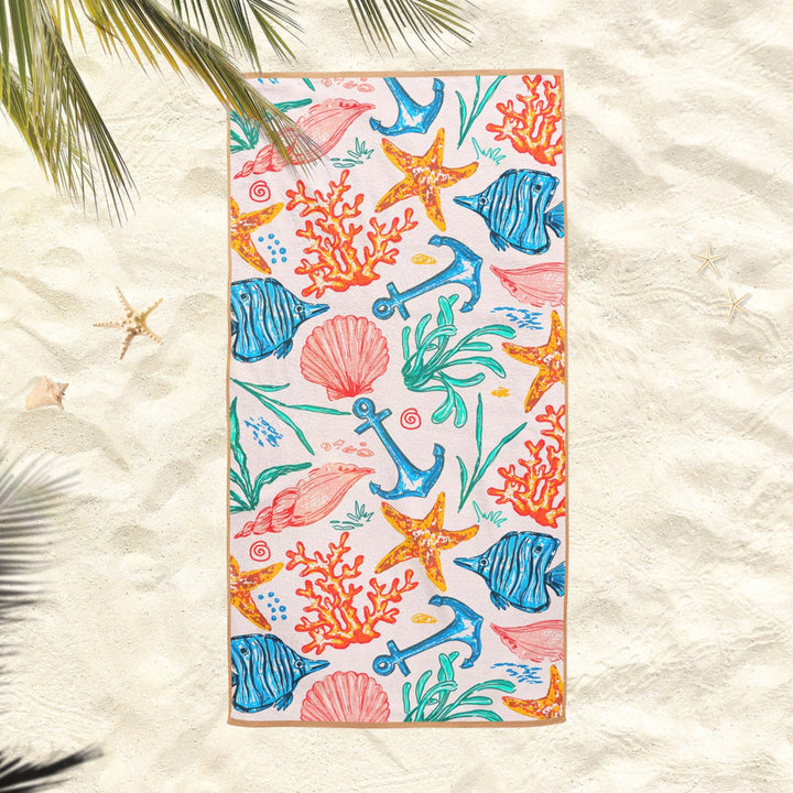 Nautical Beach Towel|Fish Coral Bath Towel|Coastal Pool Towel|Seahorse Beach Towel|Anchor and Wheel Soft Bath Towel|Summer Vacation Gift