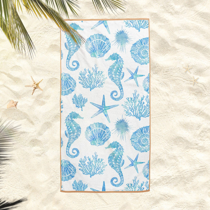 Nautical Beach Towel|Seahorse Bath Towel|Coastal Pool Towel|Oyster Beach Towel|Seashell Print Outdoor Soft Bath Towel|Summer Vacation Gift