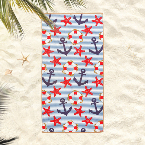 Starfish Beach Towel|Nautical Bath Towel|Coastal Pool Towel|Anchor Print Towel|Beach House Striped Soft Bath Towel|Summer Vacation Gift