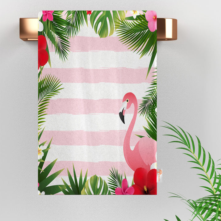 Flamingo Tea Towel|Tropical Dish Cloth|Leaf Print Dishcloth|Flamingo Hand Towel|Green Leaves Towel|Decorative All-Purpose Rag|Dust Remover