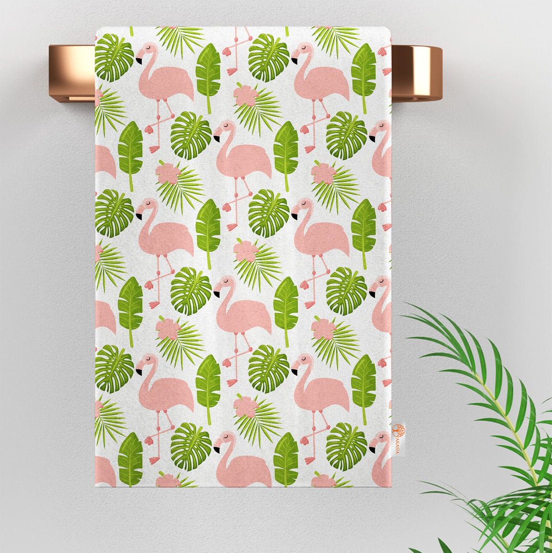 Flamingo Tea Towel|Tropical Dish Cloth|Leaf Print Dishcloth|Flamingo Hand Towel|Green Leaves Towel|Decorative All-Purpose Rag|Dust Remover