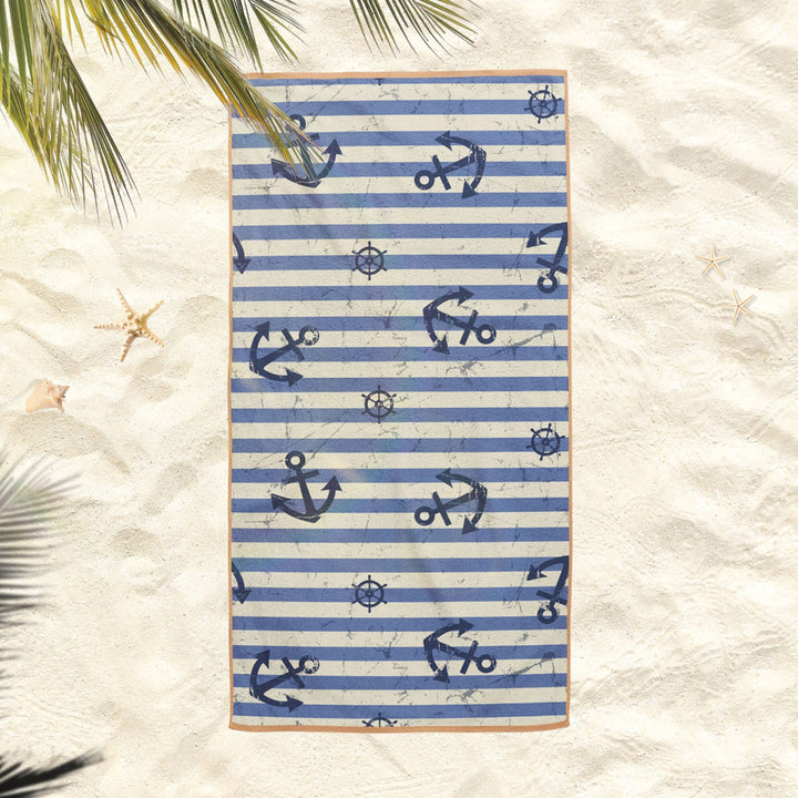 Nautical Beach Towel|Navy Anchor Bath Towel|Coastal Pool Towel|Striped Design Towel|Beach House Outdoor Soft Bath Towel|Summer Vacation Gift