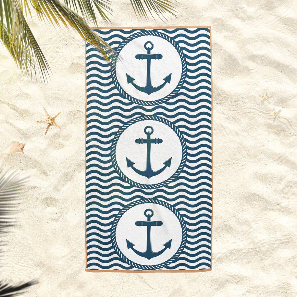 Nautical Beach Towel|Navy Anchor Bath Towel|Coastal Pool Towel|Striped Design Towel|Beach House Outdoor Soft Bath Towel|Summer Vacation Gift